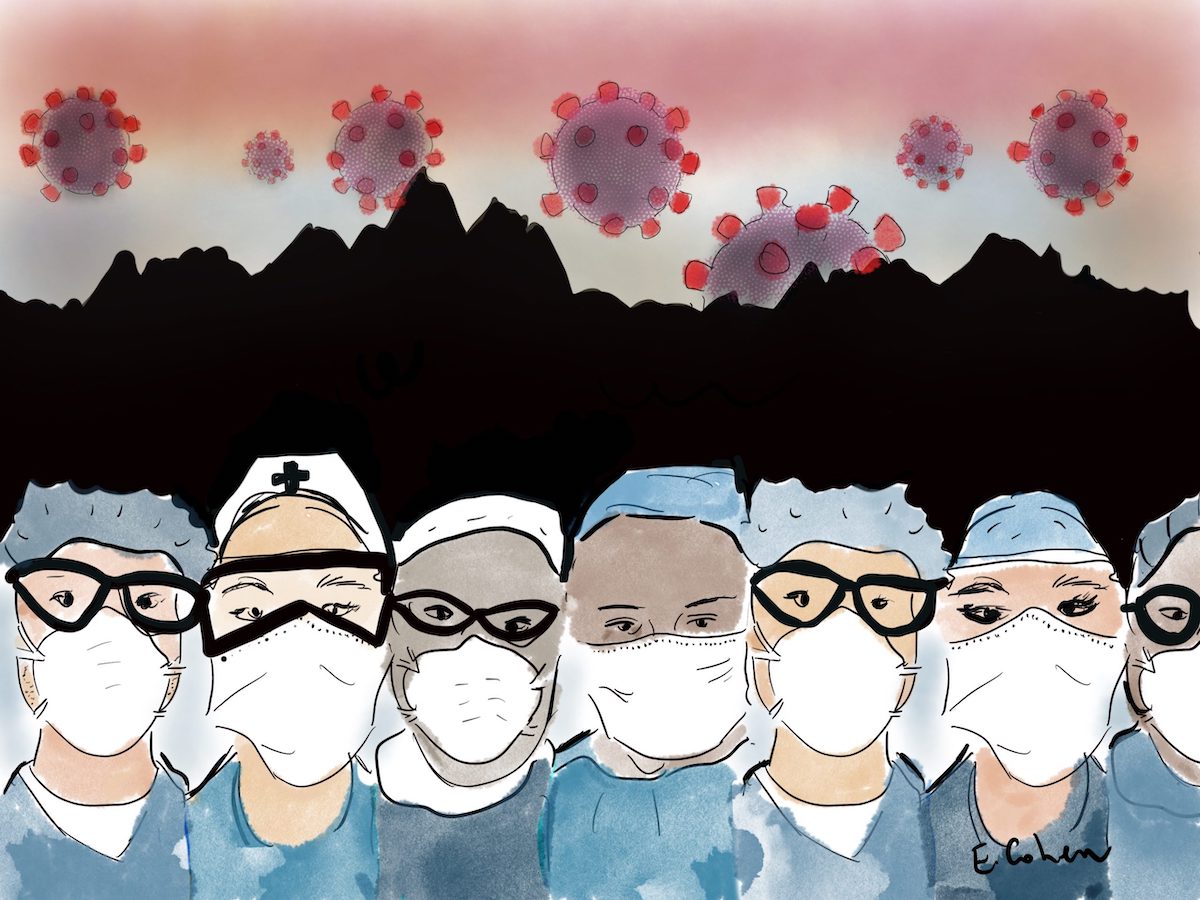 Jackson Hole Medical Professionals Battle COVID-19 Tetons Backdrop - Emily Cohen Illustration