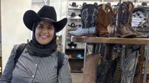 Dalia Ziada gets a taste of the “old west” before her talk on the Middle East. (Courtesy)