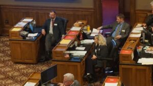 Sen. Eric Barlow (R-Gillette) on the floor of the Wyoming Senate during the 2025 general session.