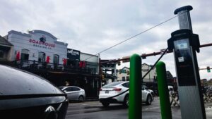 Electric vehicle on town square.