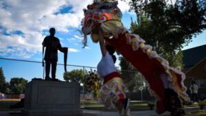 Created by local artist David Alan Clark, the statue, “Requiem,” honors the 28 Chinese miners killed in the massacre. (Jenna McMurtry / KHOL)