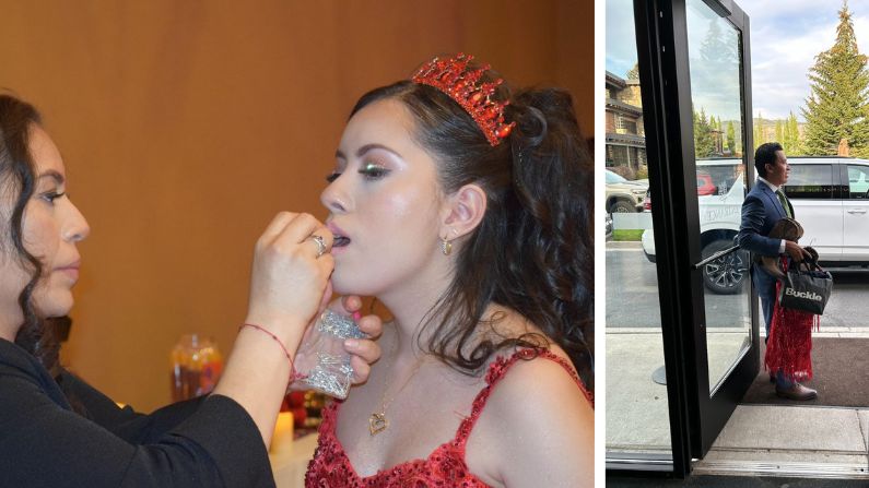 Madeline gets her lip gloss reapplied before her first dance. By the end of the night, she’ll have completed a full wardrobe change, which her father, Diego, ran in from the parking lot. (Dante Filpula Ankney / KHOL)