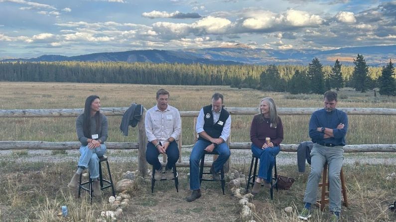 Leaders from the Jackson Hole Travel and Tourism Board, All Trails, Teton County Search and Rescue, the Bridger-Teton National Forest and Grand Teton National Park at the White Grass Dude Ranch Sept. 14. (Dante Filpula Ankney / KHOL)