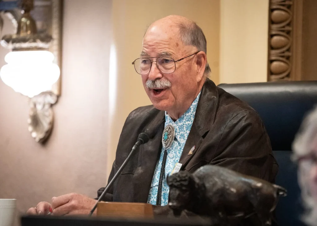 Sen. Ogden Driskill, R-Devils Tower, speaks on Feb. 14 in the Senate Chambers at the Wyoming State Capitol Building. Hughes Jr. has backed Driskill's campaigns. Driskill sees the Hugheses as a counterweight to other political spenders whose views he sees as farther right. (Michael S Smith)