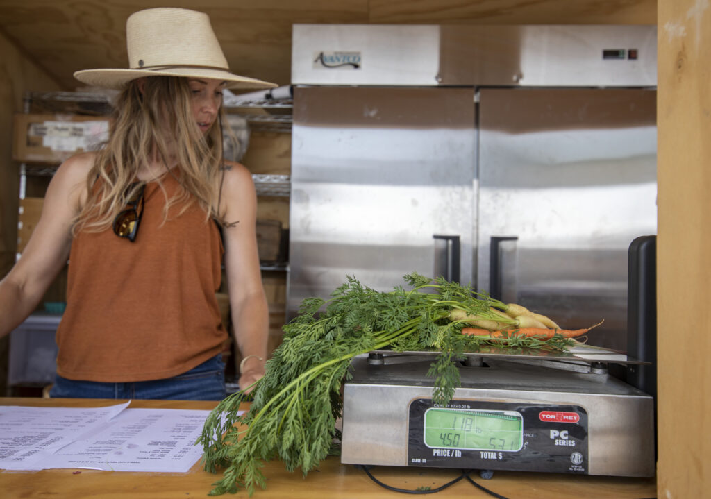 A Slow Food in the Tetons employee weighs carrots at the Slow Food Farm Stand in 2022. The Hughes Charitable Foundation has supported a low-cost grocery program at the Farm Stand. (Kathryn Ziesig/Jackson Hole News&Guide)