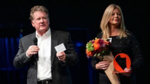 Wayne Jr. and Molly Hughes, of the Hughes Charitable Foundation, accept “The Spirit of Old Bill’s” award during an Oct. 25, 2023 awards party. The Hugheses are some of the largest philanthropists and political spenders in Wyoming. (Kathryn Ziesig/Jackson Hole News&Guide)