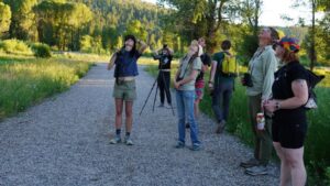 Birders crane their necks to the sky in South Park. (Jenna McMurtry / KHOL)