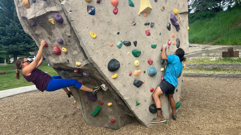 Climbers at the Teton Boulder Park at the base of Snow King Mountain. (Sophia Boyd-Fliegel / KHOL)